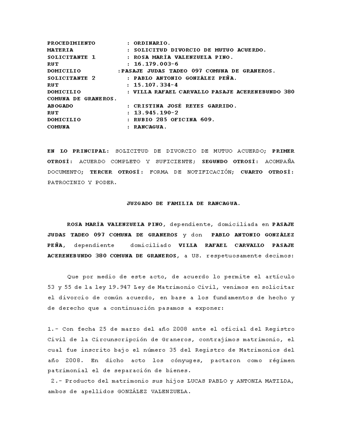 Documento Procedimiento Ordinario Materia Solicitud Divorcio De