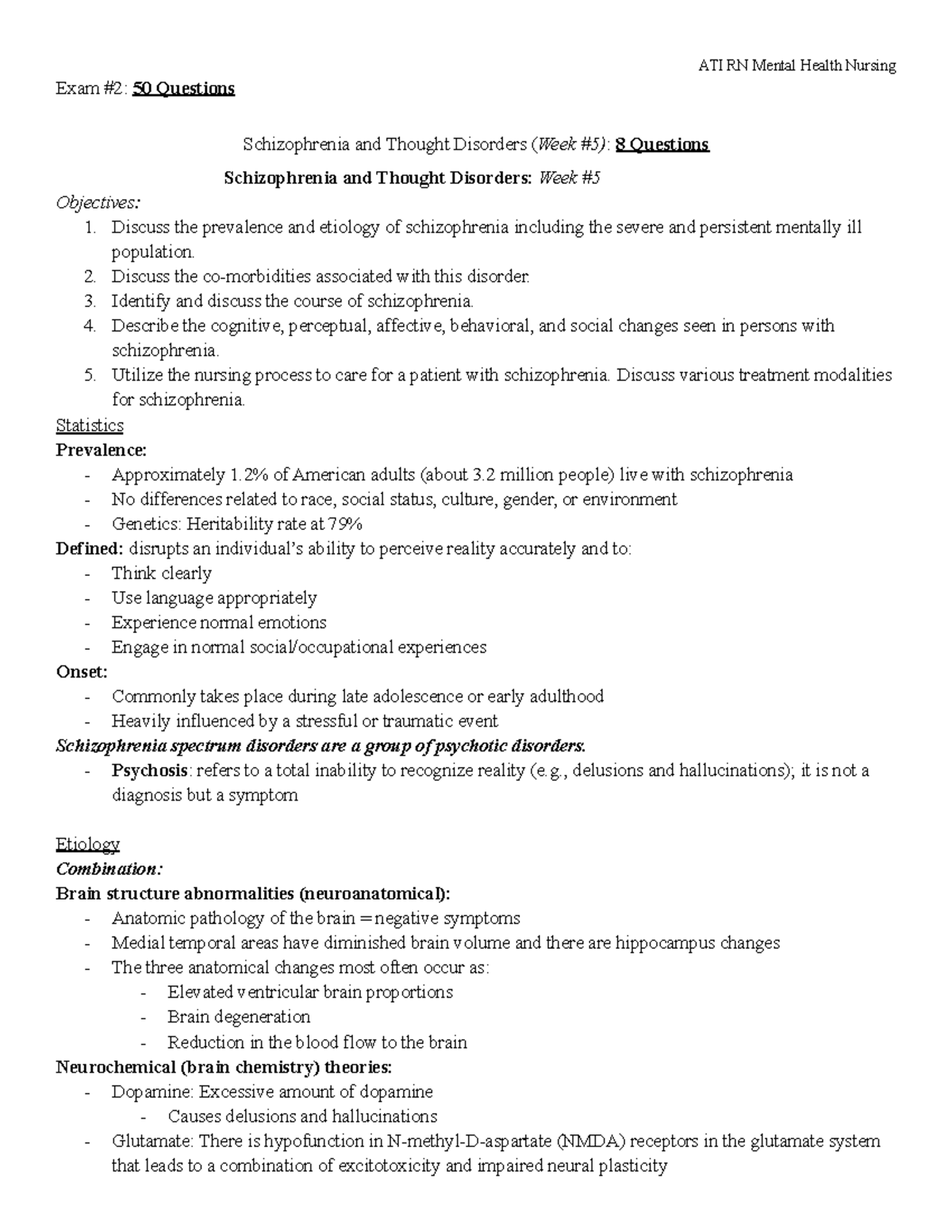 FULL Notes Exam 2 Mental Health Exam 2 50 Questions Schizophrenia