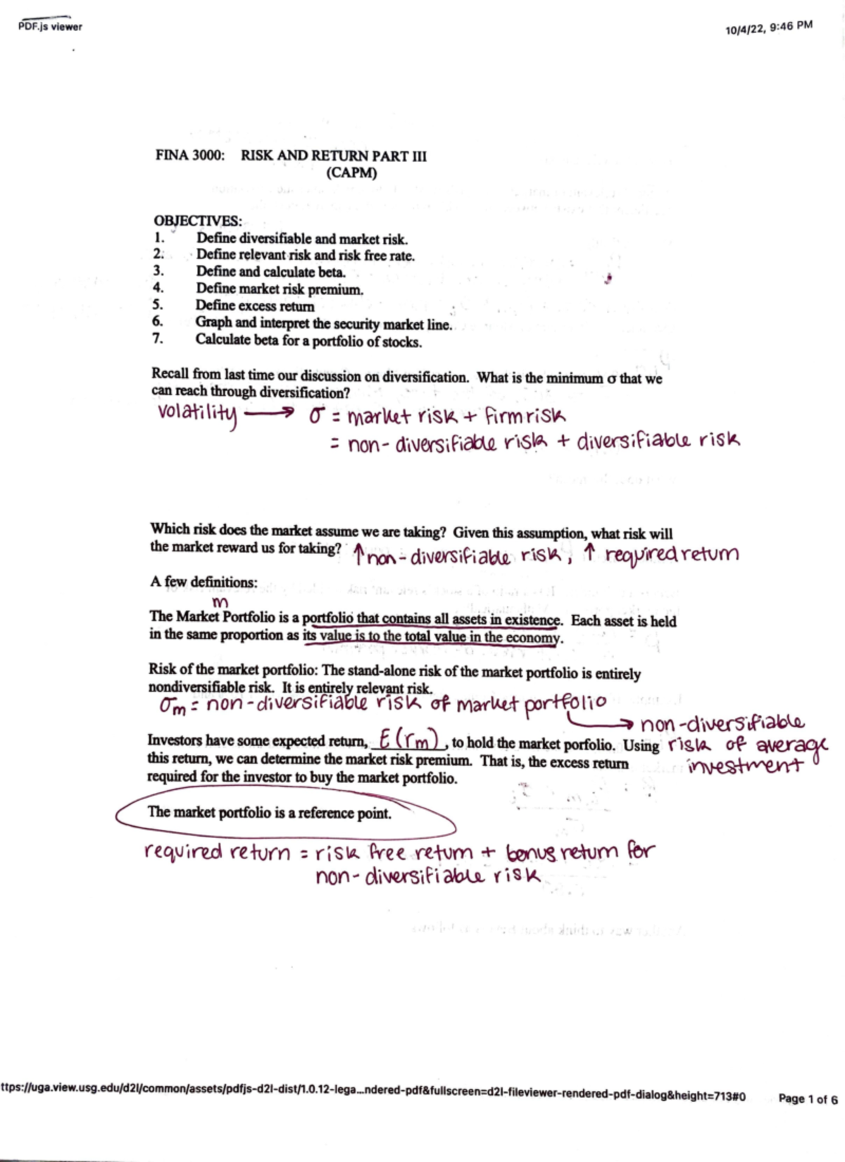 RISK AND Return PART III - CAPM - PDF. j s viewer FINA 3000: RISK AND ...