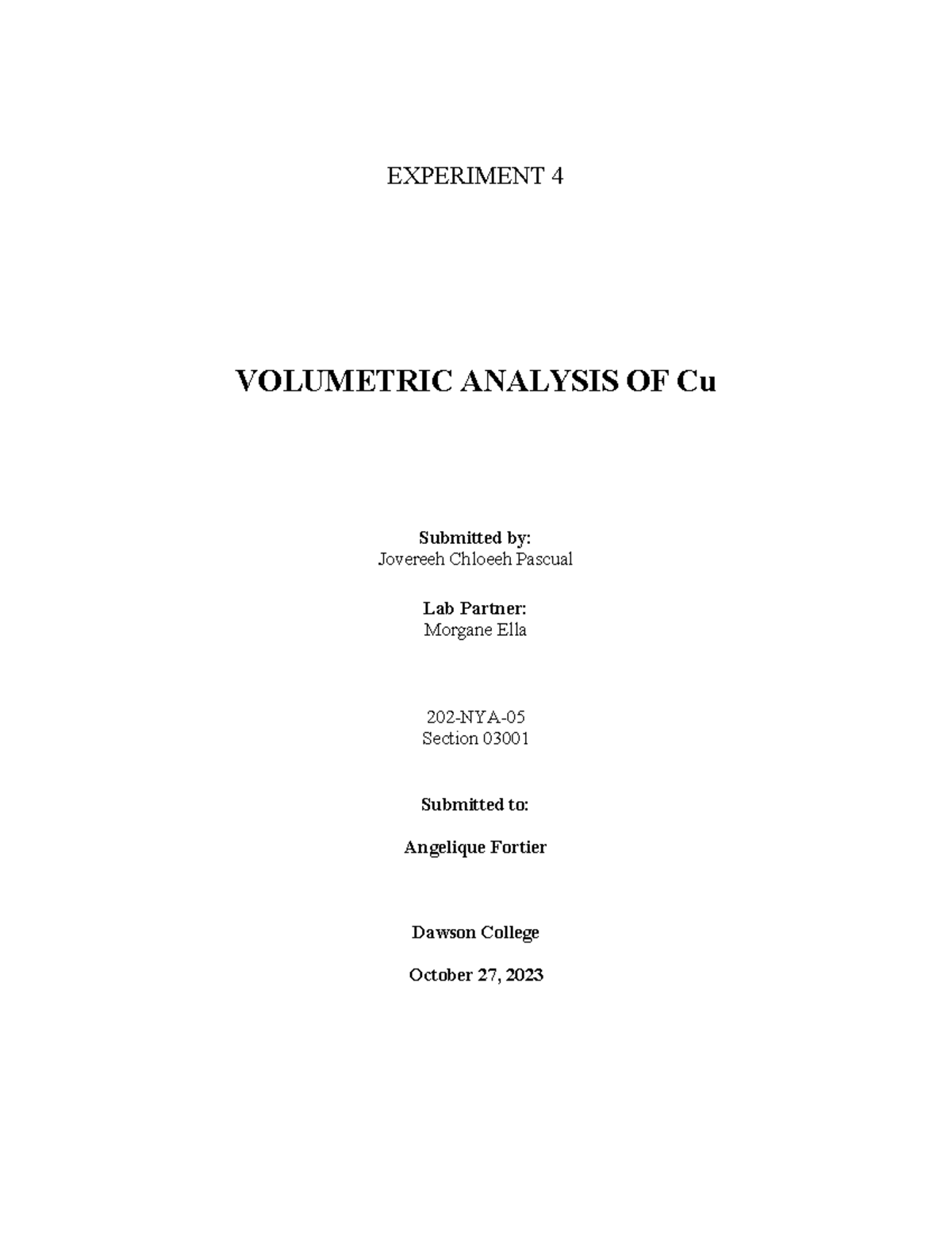 Volumetric Analysis of Cu - EXPERIMENT 4 VOLUMETRIC ANALYSIS OF Cu ...