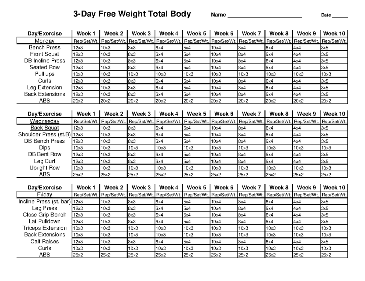 3-day total body program fw(10wk) - 3-Day Free Weight Total Body Name