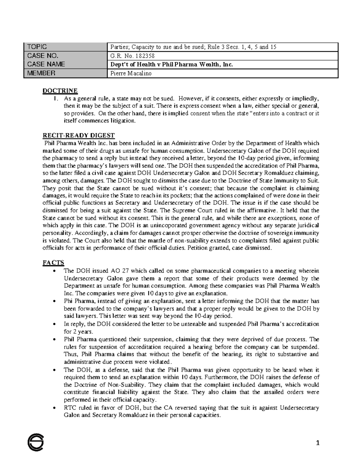 Case inquiry Case inquiry Case inquiry 1 TOPIC Parties; Capacity to