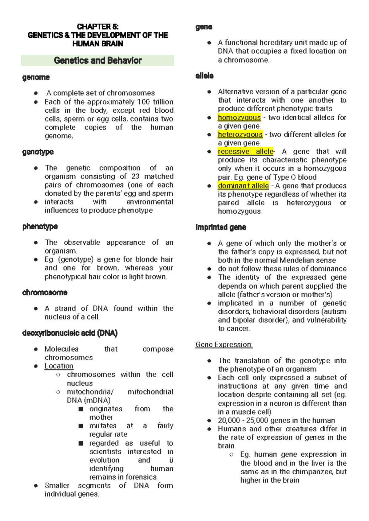 BIO Psych Notes C-5 - CHAPTER 5: GENETICS & THE DEVELOPMENT OF THE ...