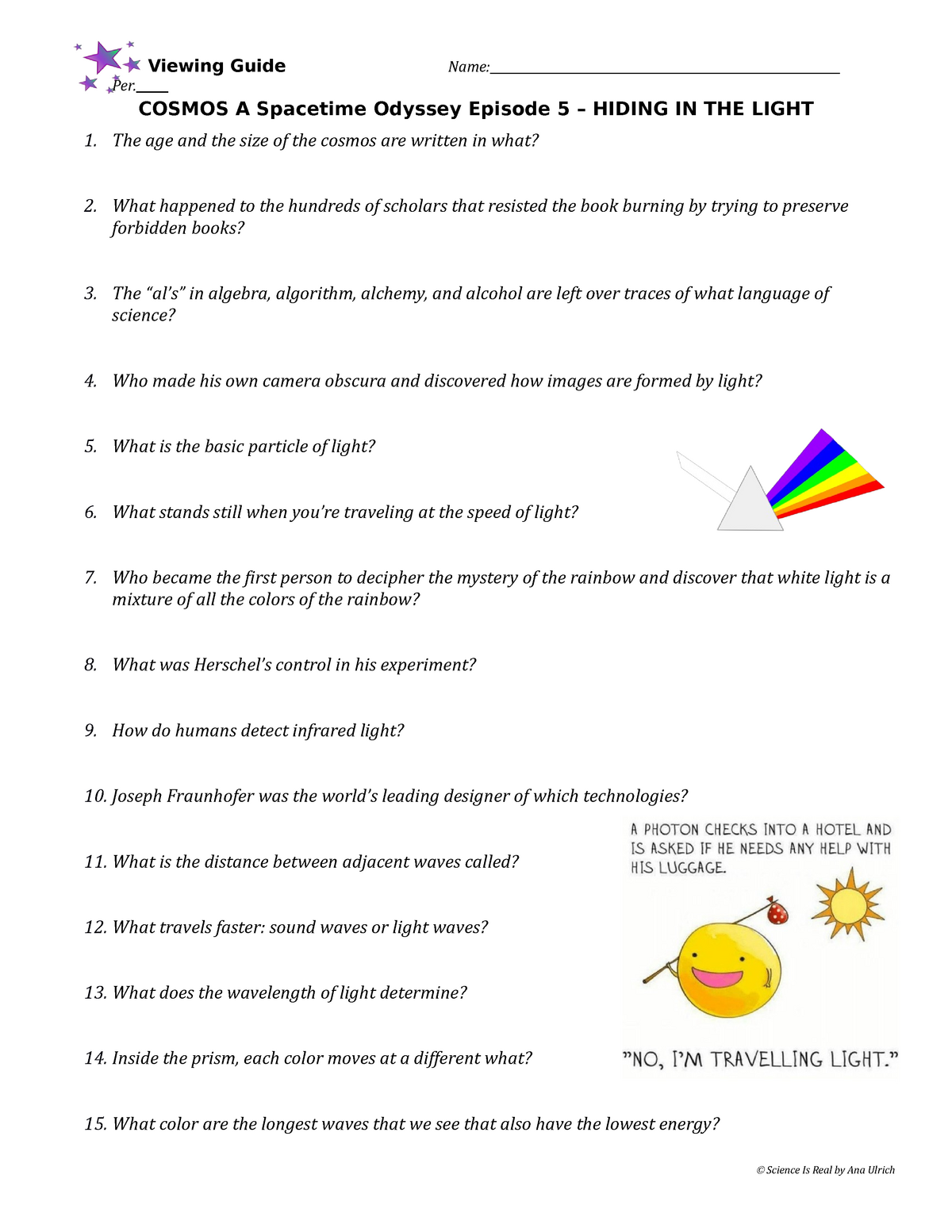 Student Handout Cosmos Episode 20 - Hiding In The Light-20 - AERO With Cosmos Episode 1 Worksheet Answers