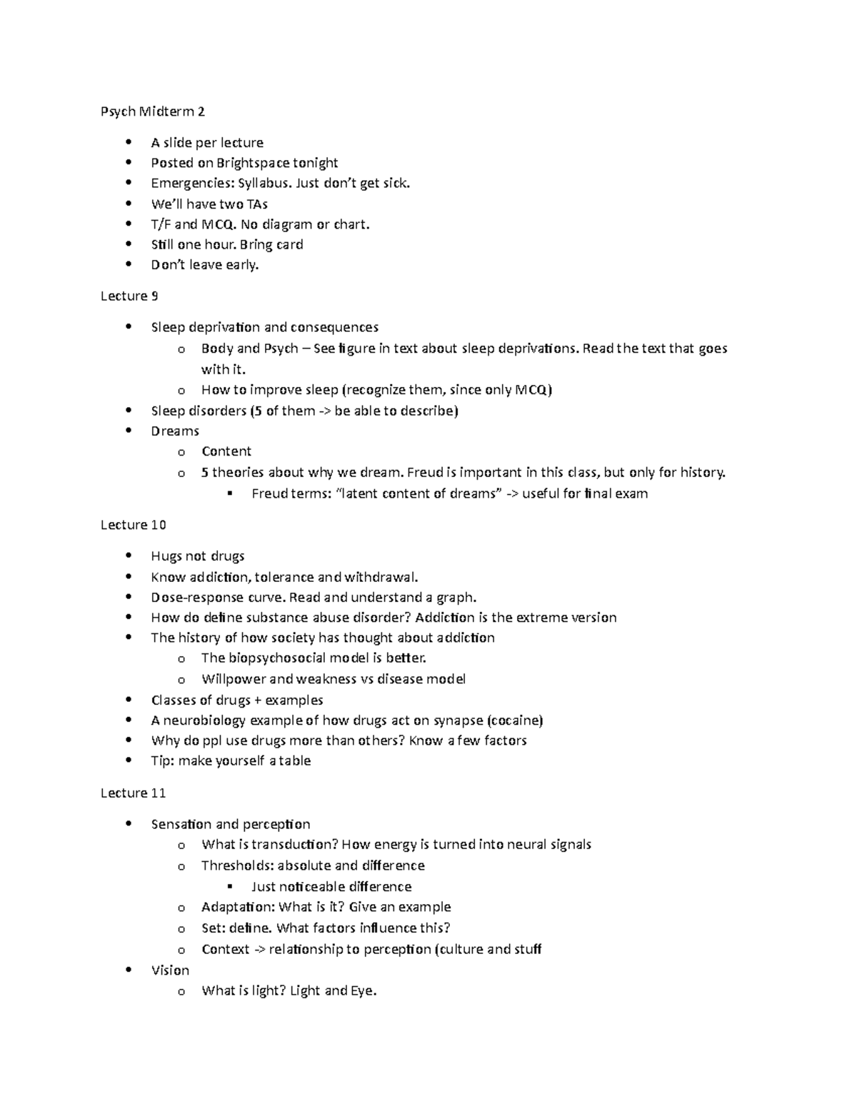 Psych Midterm 2 Notes - Psych Midterm 2 A slide per lecture Posted on ...