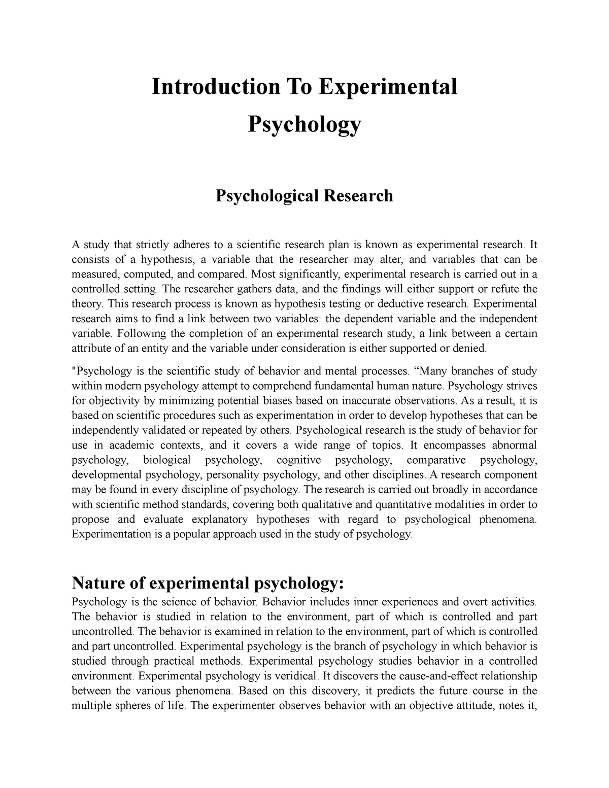 Exp Psy - Introduction To Experimental Psychology - Introduction To 