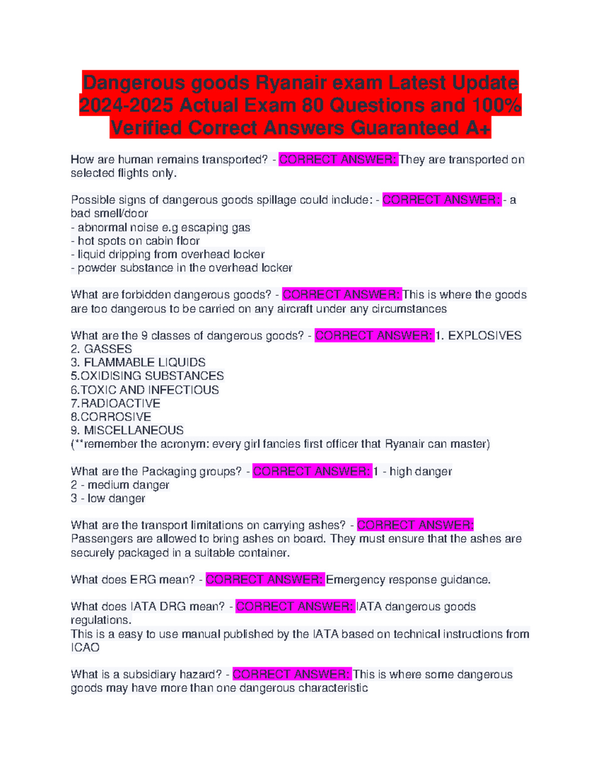 Dangerous goods Ryanair exam Latest Update 20242025 Actual Exam 80