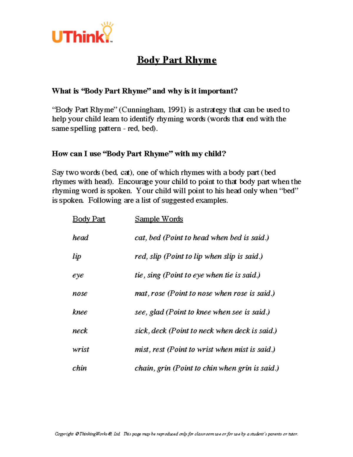 02 Body Part Rhyme - Final - Copyright © ThinkingWorks ®, Ltd. This ...