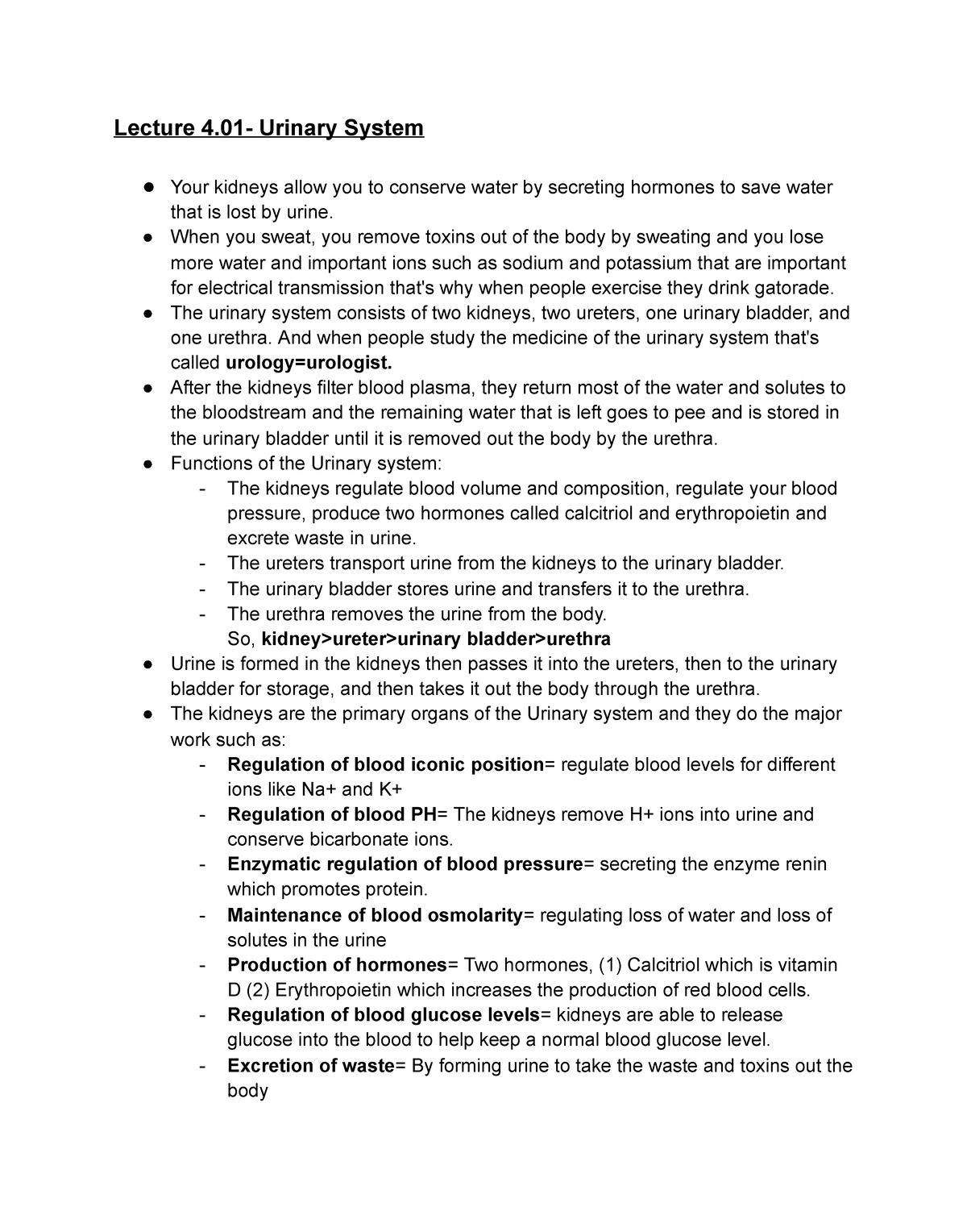 Urinary System - Lecture notes 2 - Lecture 4- Urinary System Your ...