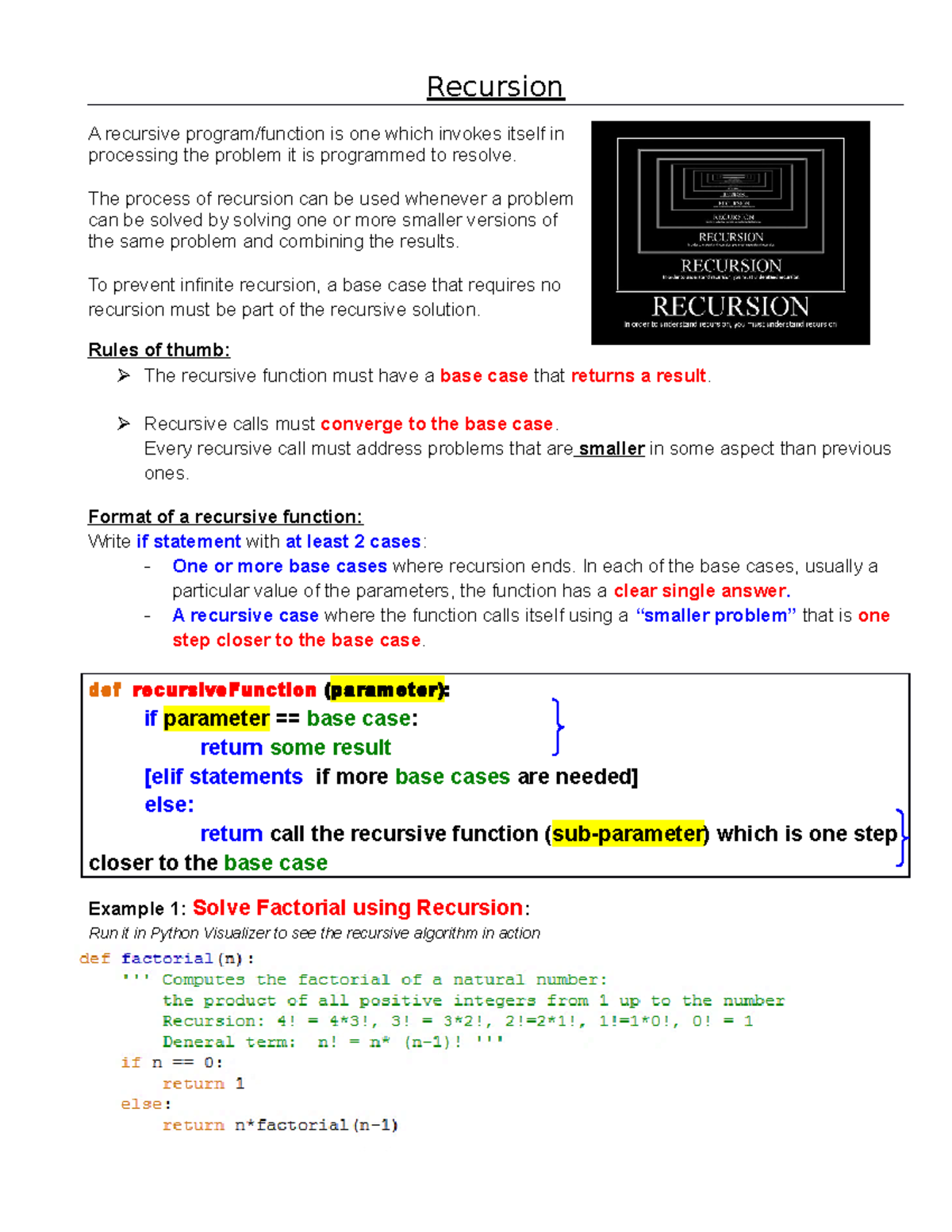 Recursion Lesson - Recursion A recursive program/function is one which ...