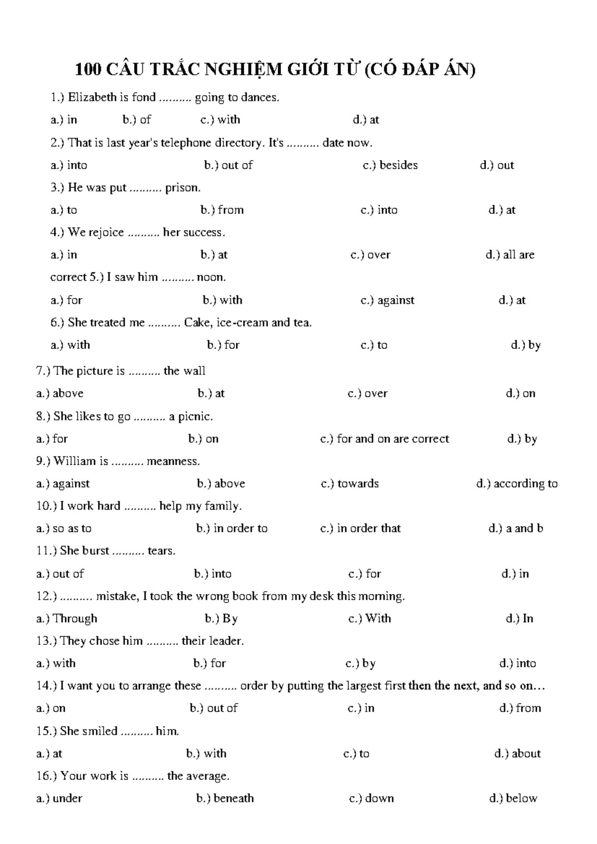 100 cau trac nghiem gioi tu trong tieng anh - 100 CÂU TRẮC NGHIỆM GIỚI ...