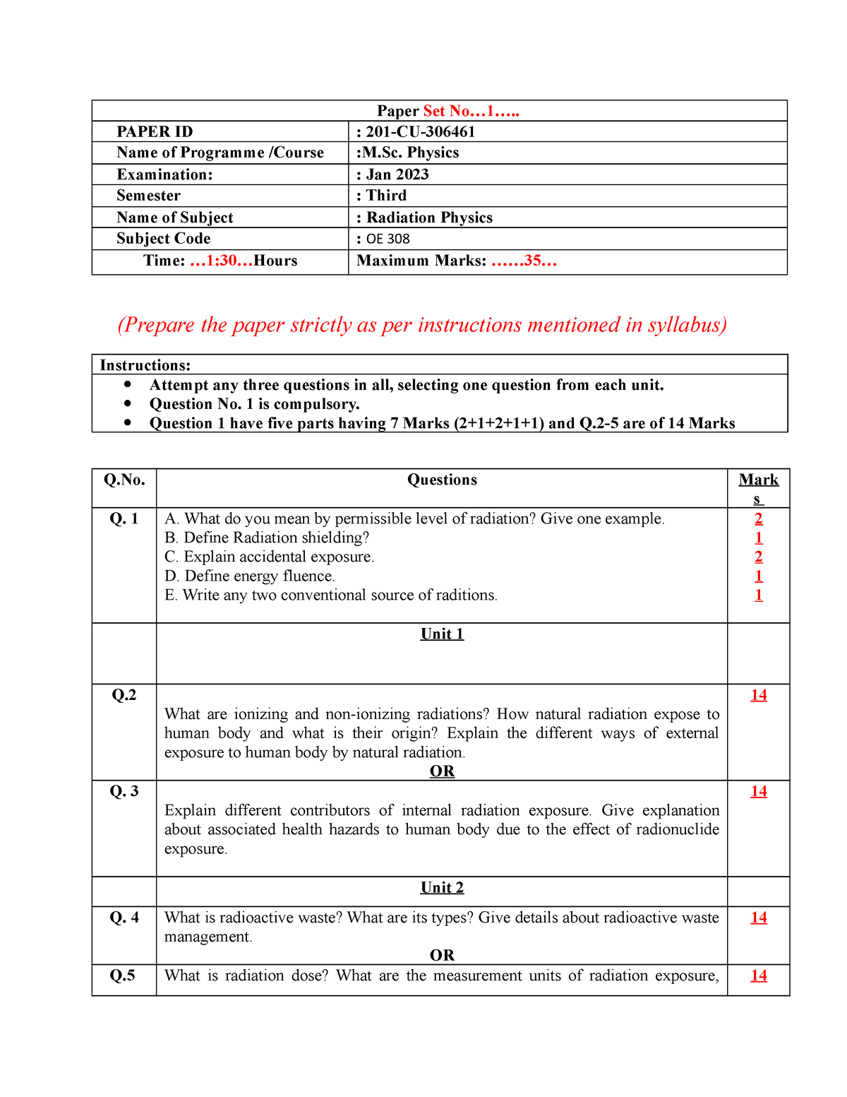 Radiation Physics MSc - Sttst - Paper Set No....... PAPER ID : 201-CU ...