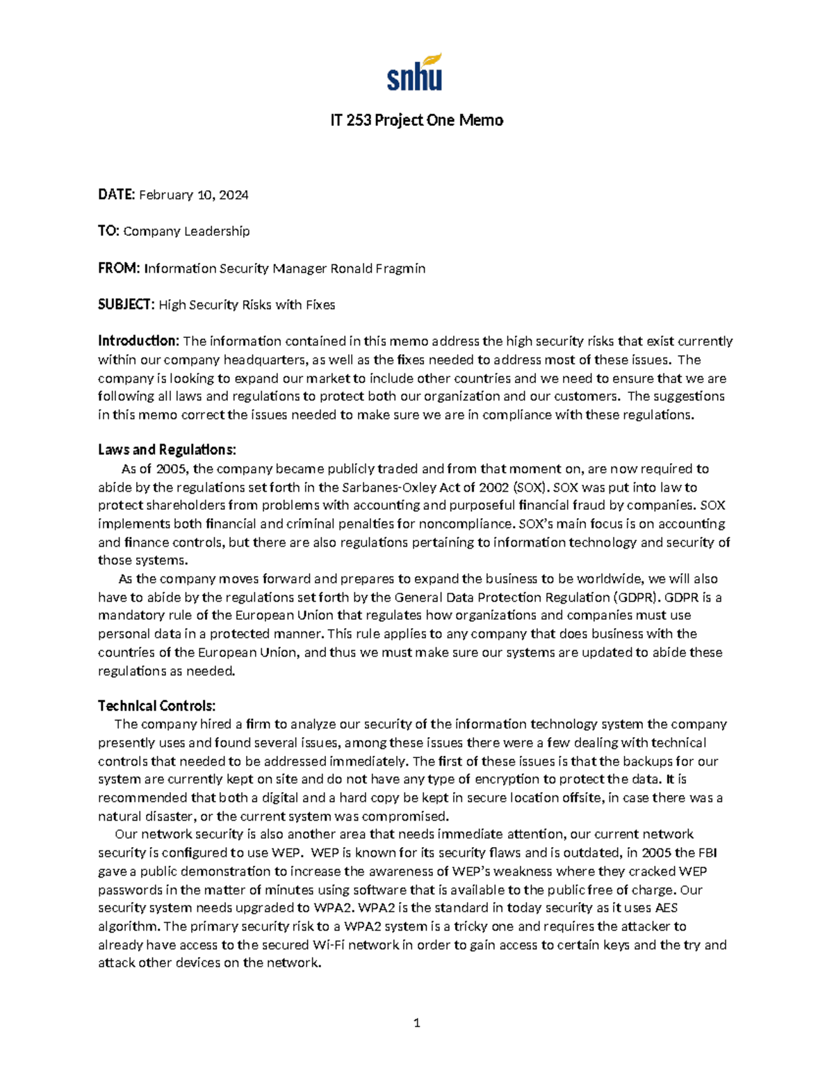 IT 253 Project One Memo Ronald Fragmin - IT 253 Project One Memo DATE ...