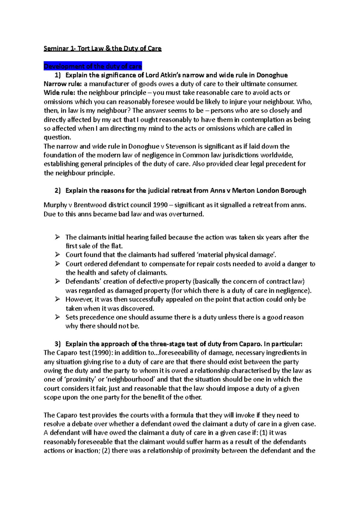 Seminar 1 Seminar 1 Tort Law & the Duty of Care Development of the