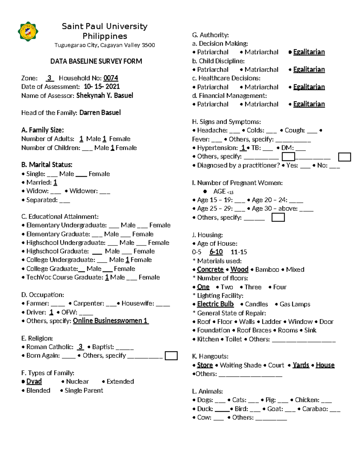 Baseline Data Form - Saint Paul University Philippines Tuguegarao City ...
