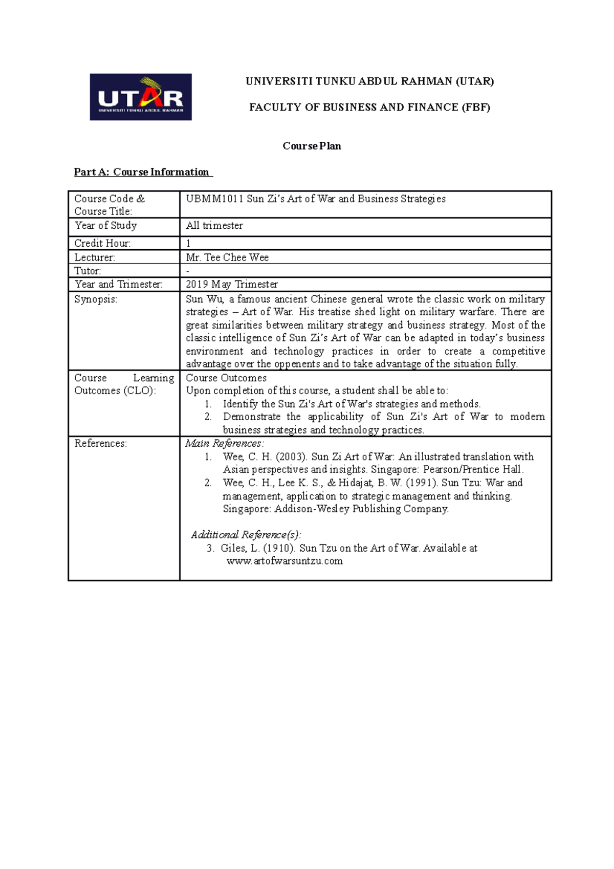 Course Plan 2019 05 - UNIVERSITI TUNKU ABDUL RAHMAN (UTAR) FACULTY OF ...