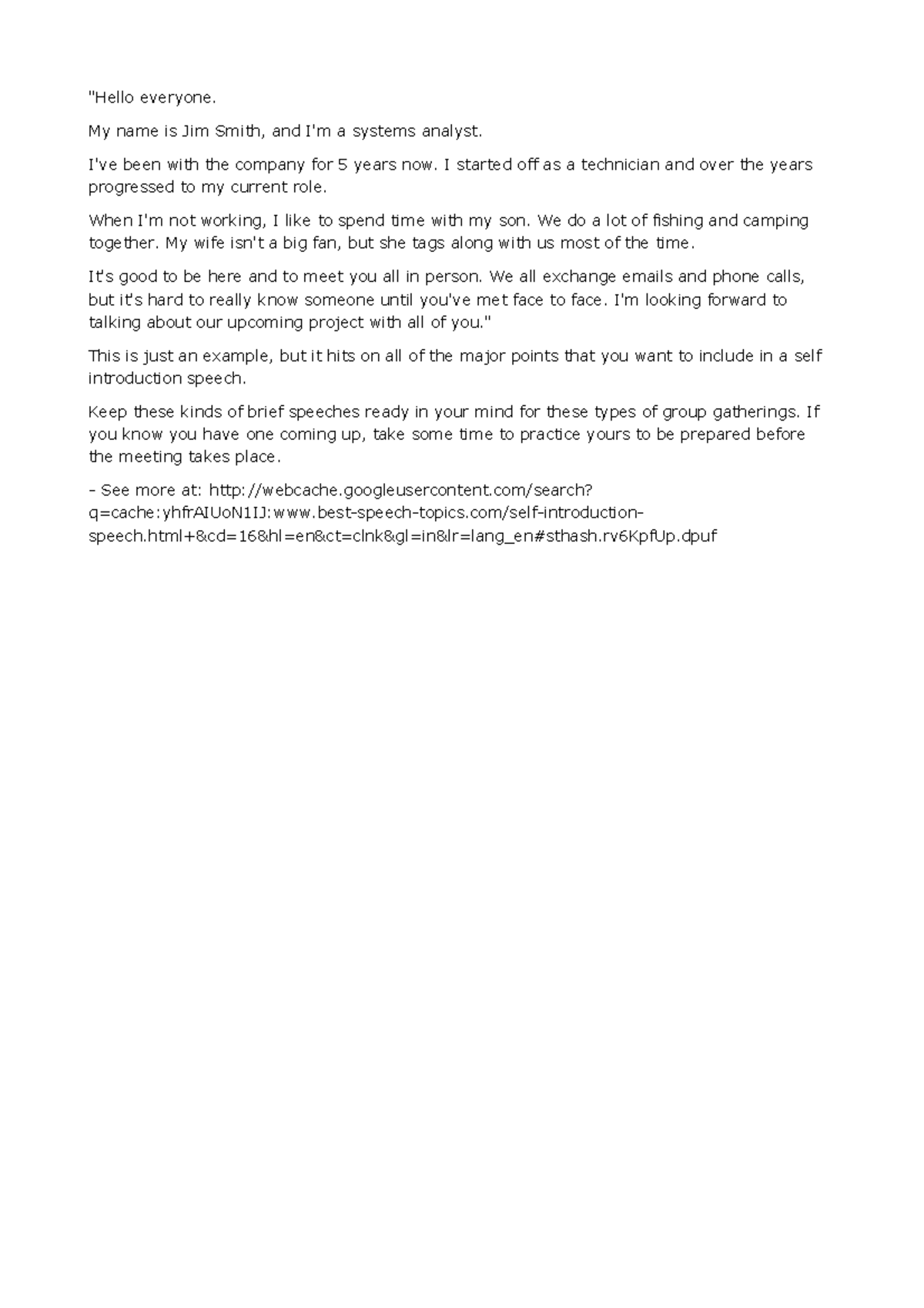 Self Introduction Sample - "Hello everyone. My name is Jim Smith, and I ...