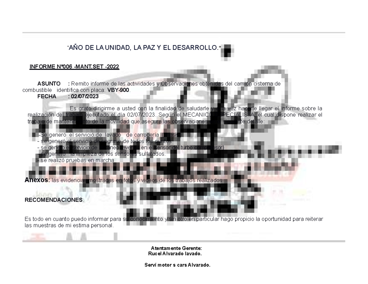 Informe Servi Motors CARS Alvarado “AÑO DE LA UNIDAD, LA PAZ Y EL