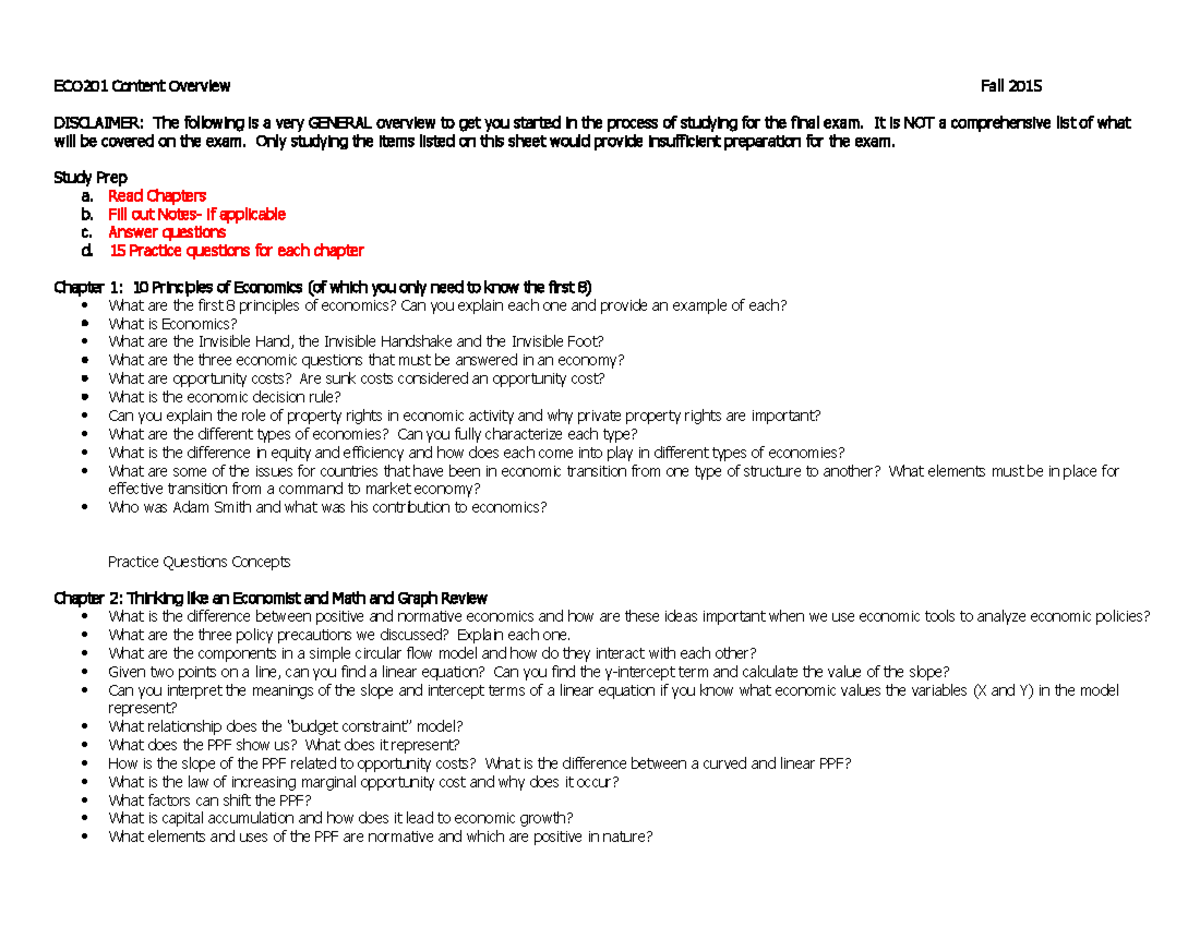 Final Exam General Review Questions (for perspective) ECON - ECO 201 ...