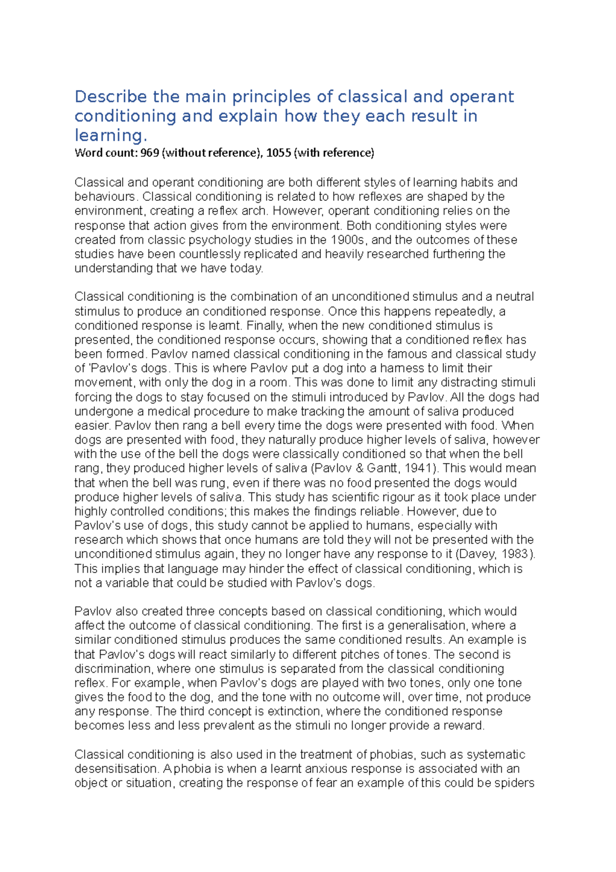 Classical and operant conditioning - Word count: 969 (without reference ...