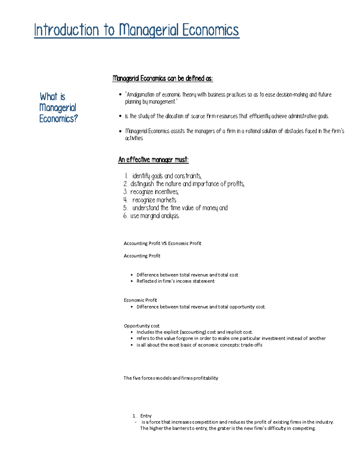 Intro to Man Econ - Notes - Managerial Economics can be defined as