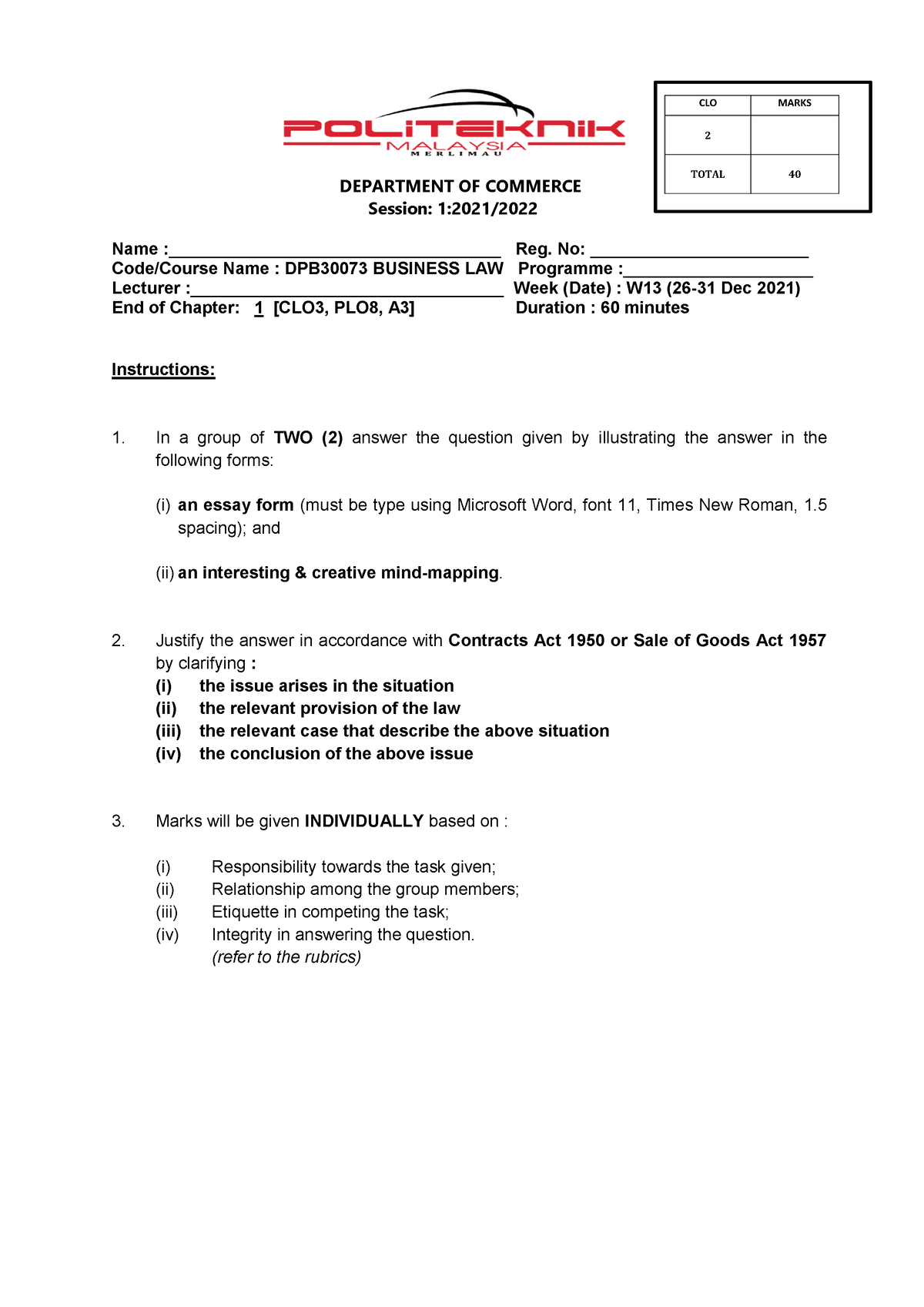 EOC (Q) - Question End Of Chapter - DEPARTMENT OF COMMERCE Session: 1: ...