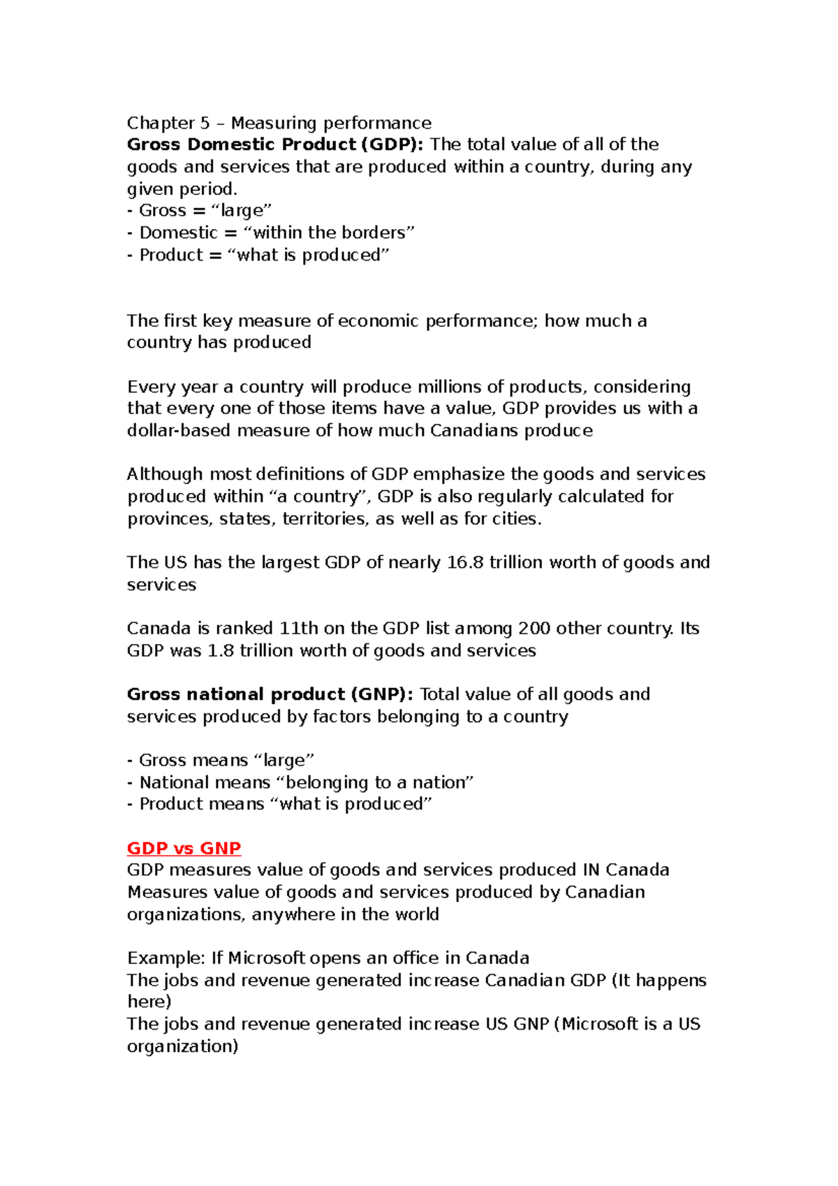 MGTA Chapter 5 - Chapter 5 – Measuring performance Gross Domestic ...