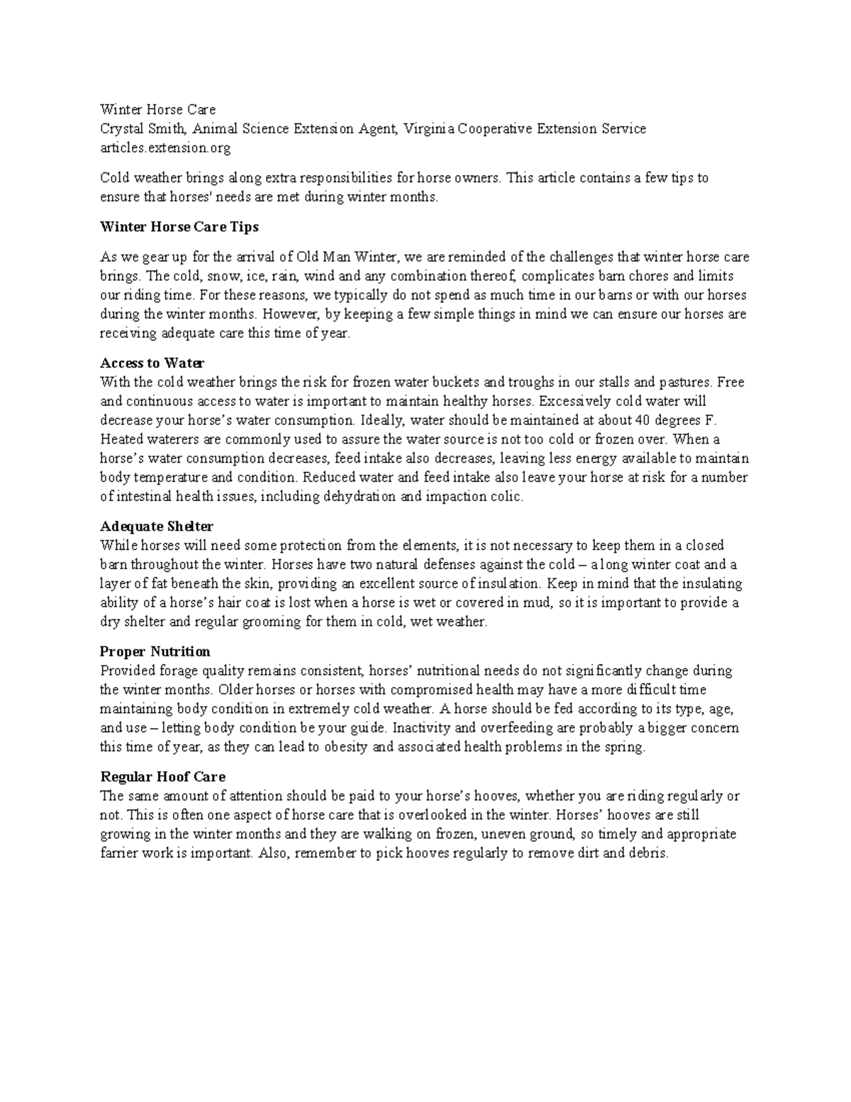 Winter Horse Care Winter Horse Care Crystal Smith, Animal Science