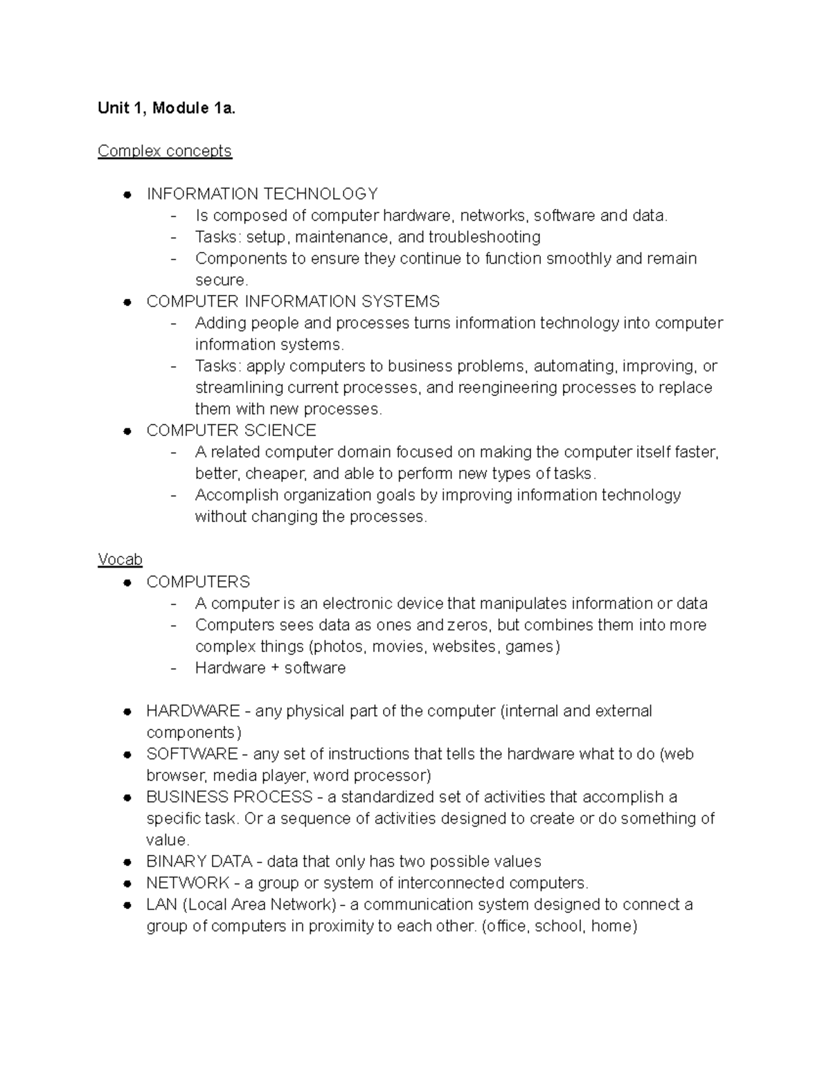 CIS EXAM 1 STUDY GUIDE - Unit 1, Module 1a. Complex Concepts ...