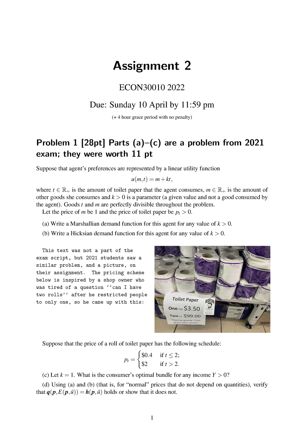 ECON30010 2022 A2 Q - Microeconomics Assignment 2 - Assignment 2 ...