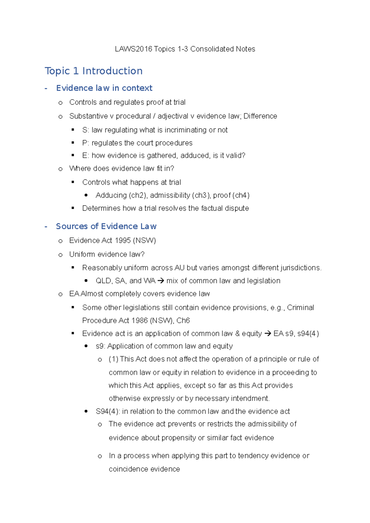 LAWS2016 Topic 1-3 Consolidated Notes - QLD, SA, and WA mix of common ...