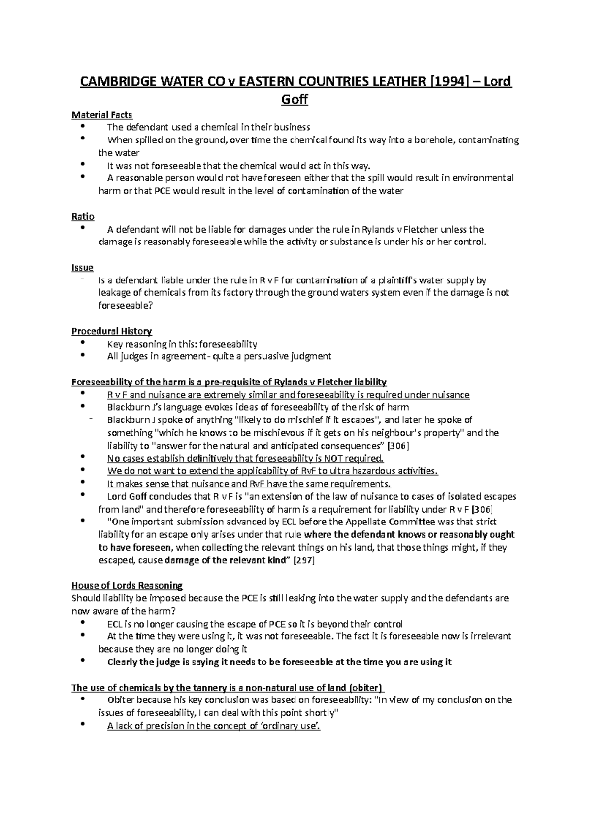 Cambridge Water CO v Eastern Countries Leather Case summary