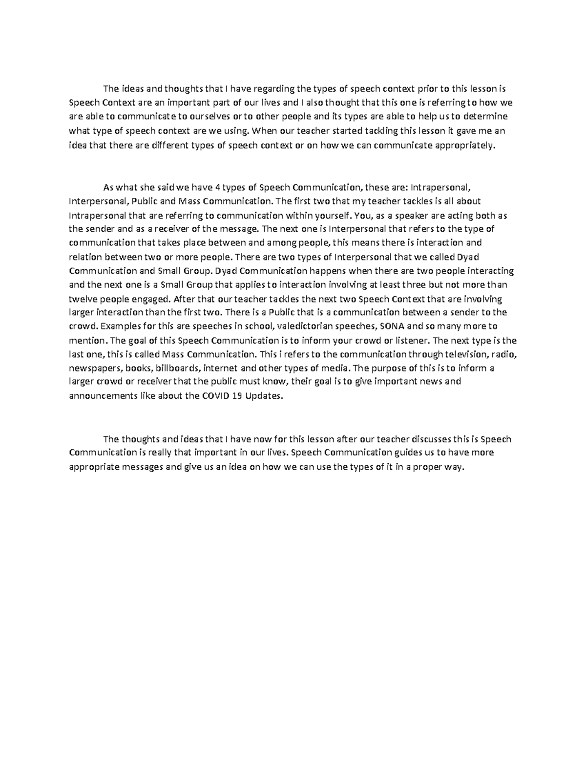 Speech Context Essay - The ideas and thoughts that I have regarding the ...