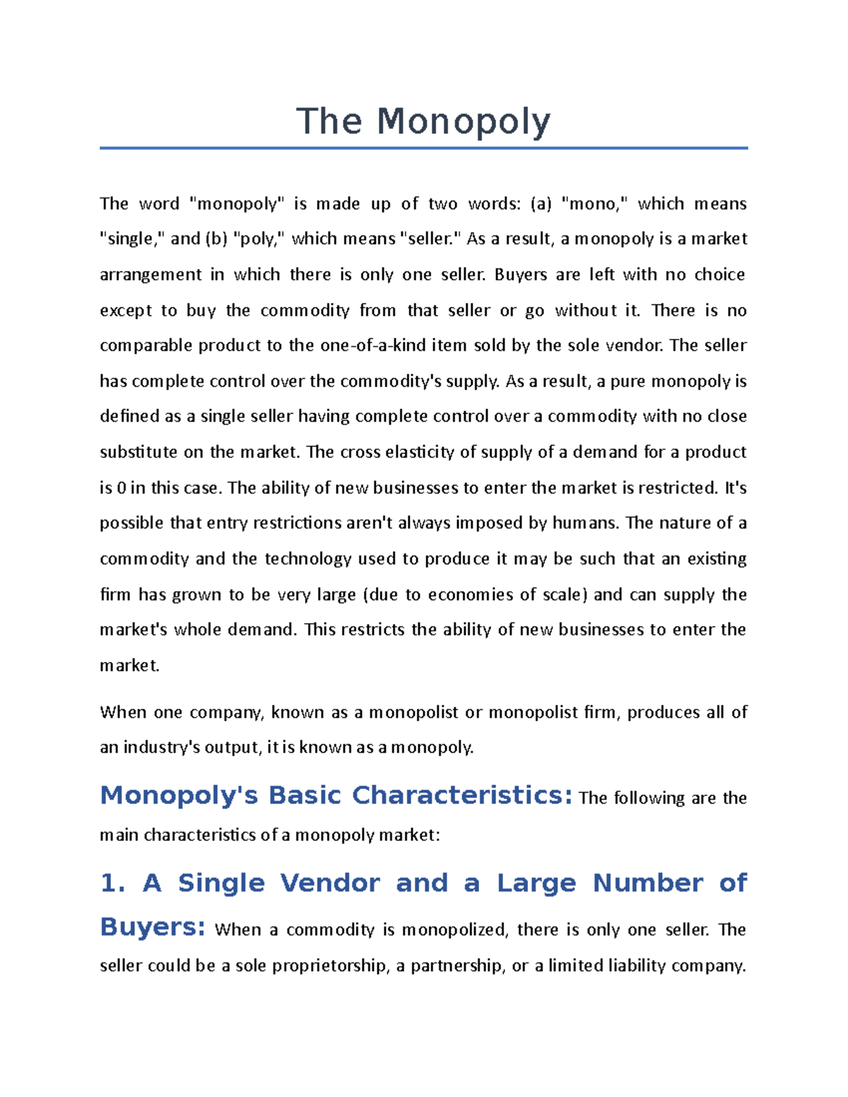 Note On The Monopoly - The Monopoly The word 