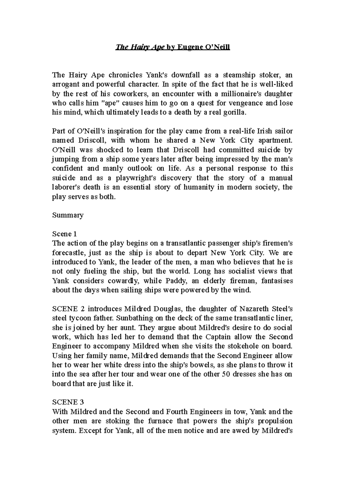 The Hairy Ape by Eugene O'Neill American Literature AMU Studocu