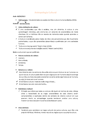 Antropologia Cultural resumo - Antropologia Cultural 1. A Antropologia ...