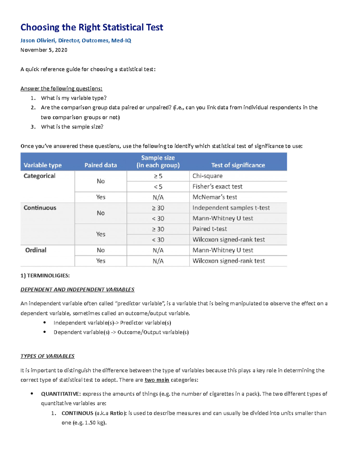 Choosing The Right Statistical Test - What Is My Variable Type? 2. Are ...