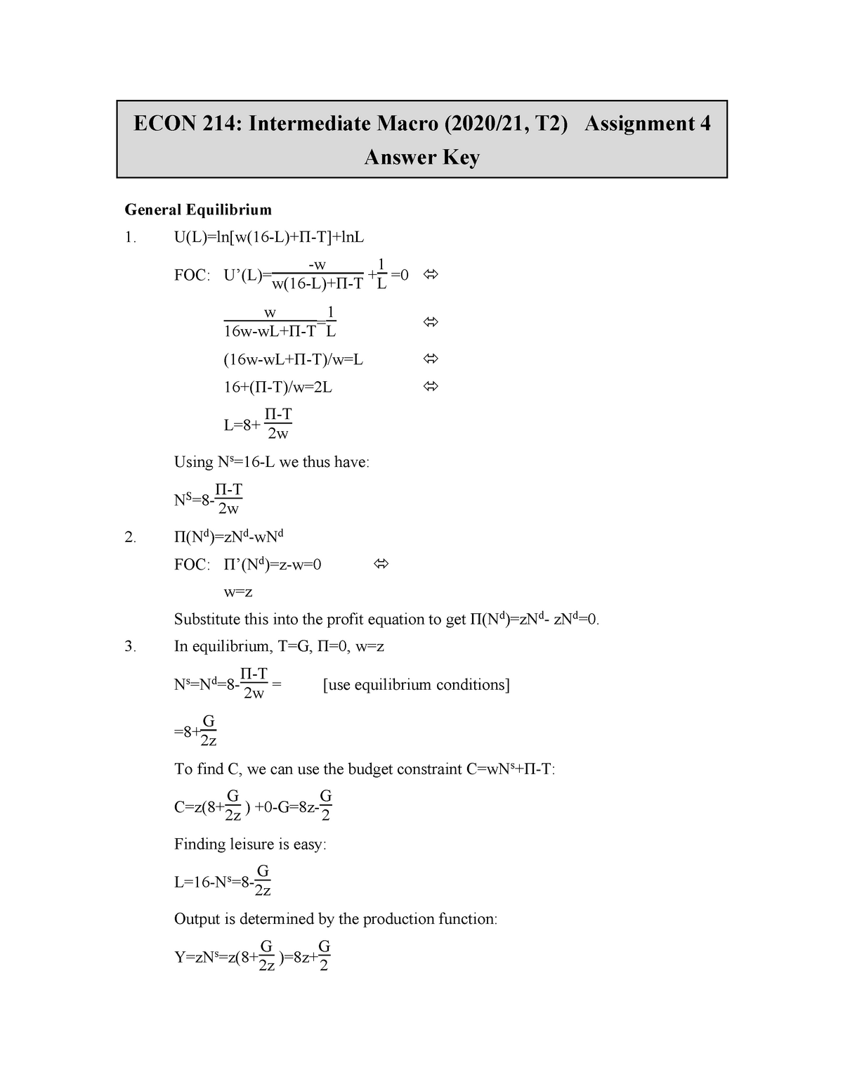 Assignment 4 Ak Answer Econ 214 Intermediate Macro 21 T2 Assignment 4 Answer Key Studocu