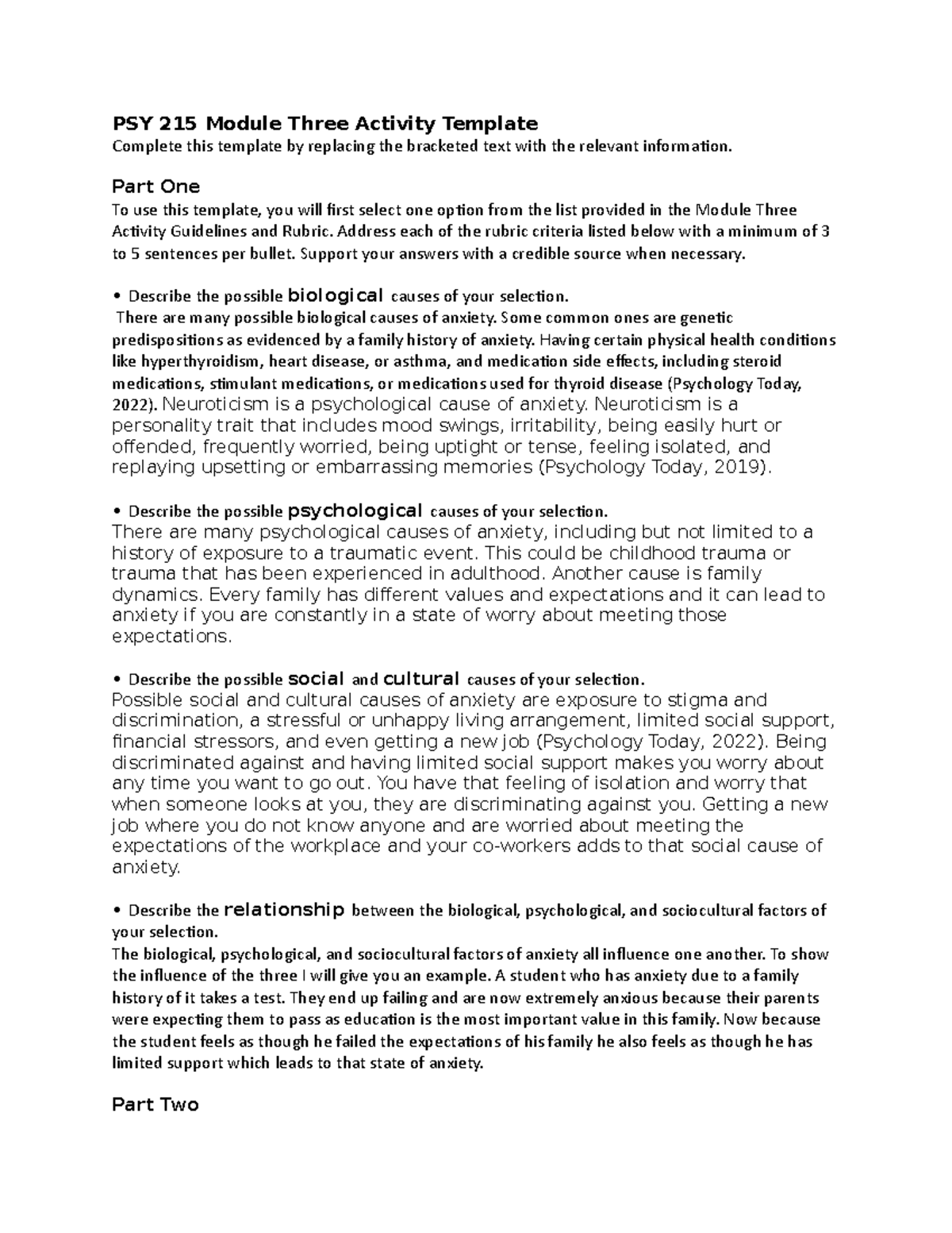 PSY 215 Module Three Activity - Part One To use this template, you will ...