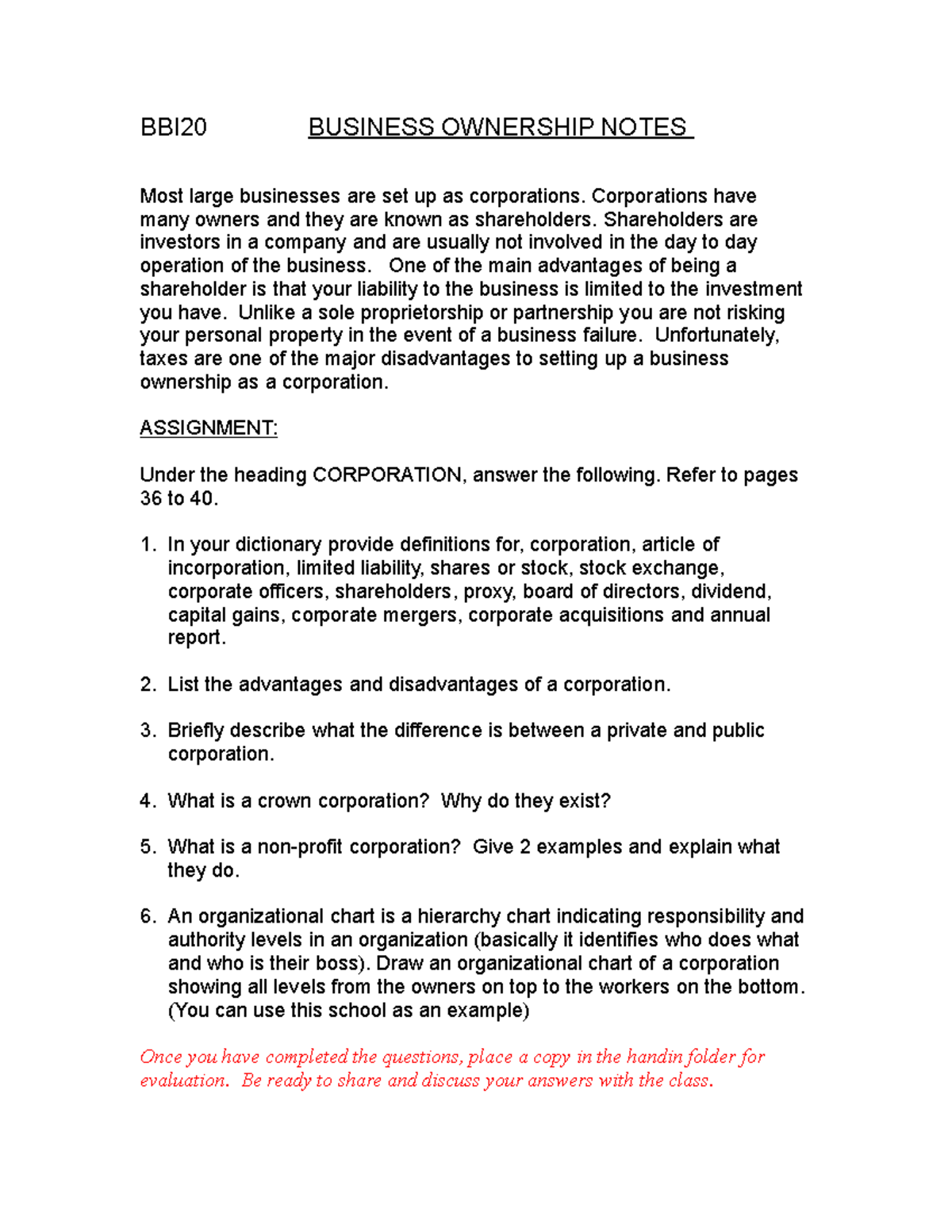 20 Corporation Notes - BBI20 BUSINESS OWNERSHIP NOTES Most large ...