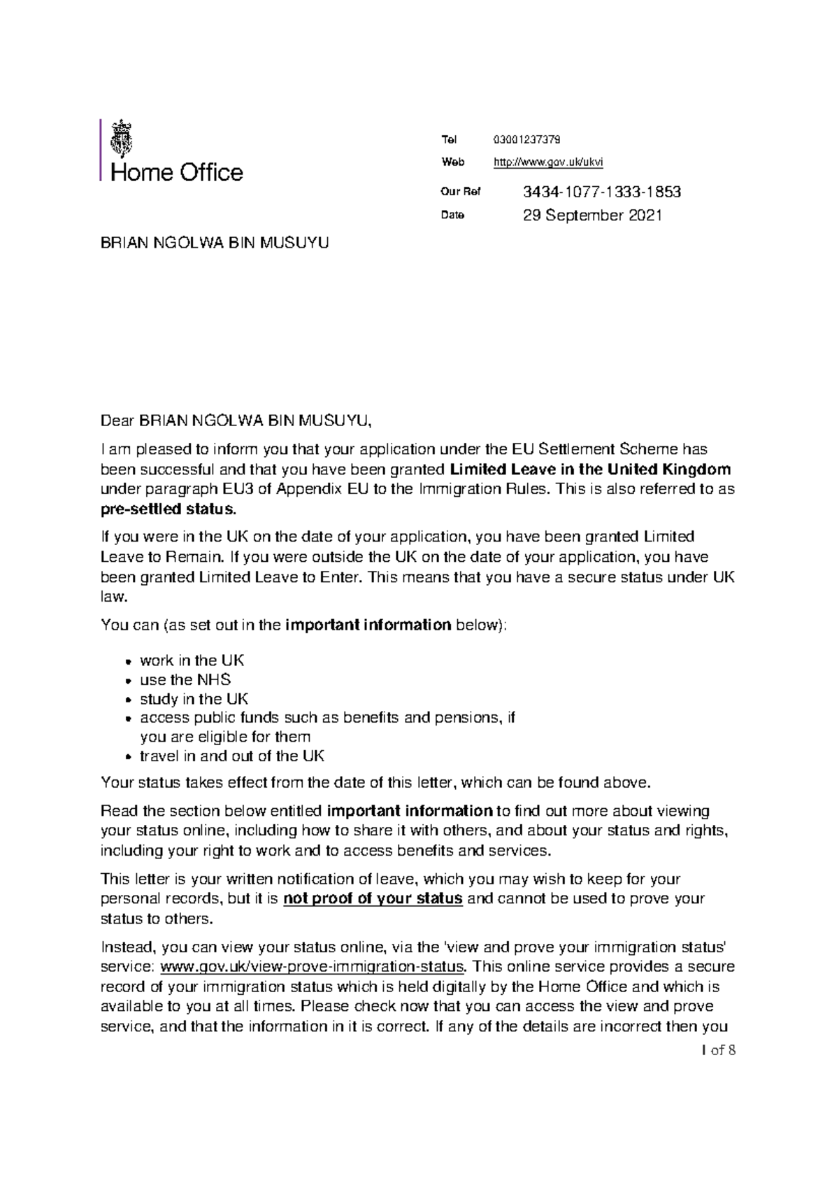 Status Outcome 29 September 2021[43] - BRIAN NGOLWA BIN MUSUYU Tel ...
