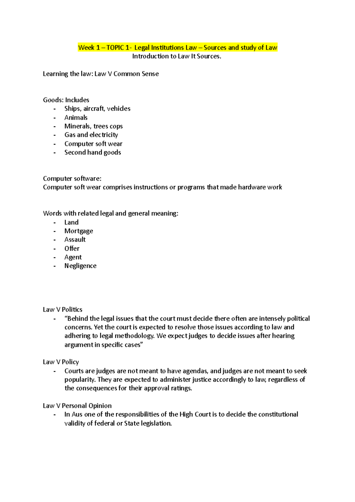 Week 1 – Topic 1- Legal Institutions Law – Sources and study of Law ...