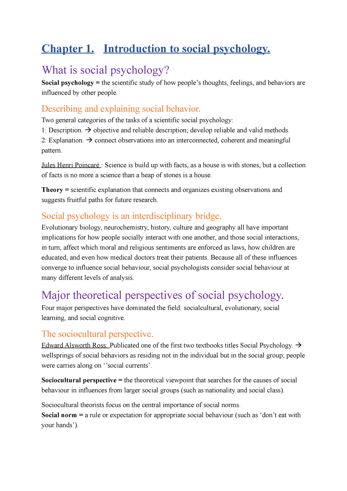 Summary Social Psychology: Goals in Interaction Chapter 1 