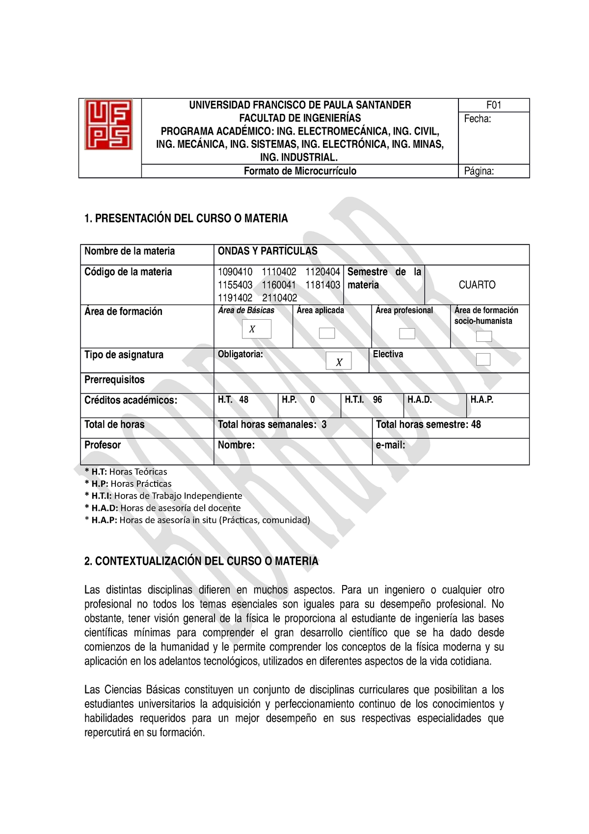 Microcurriculo De Ondas Y Particulas 21 Universidad Francisco De Paula Santander Facultad De Ingenier As Programa Acad Mico Ing Electromec Nica Ing Civil Ing Studocu