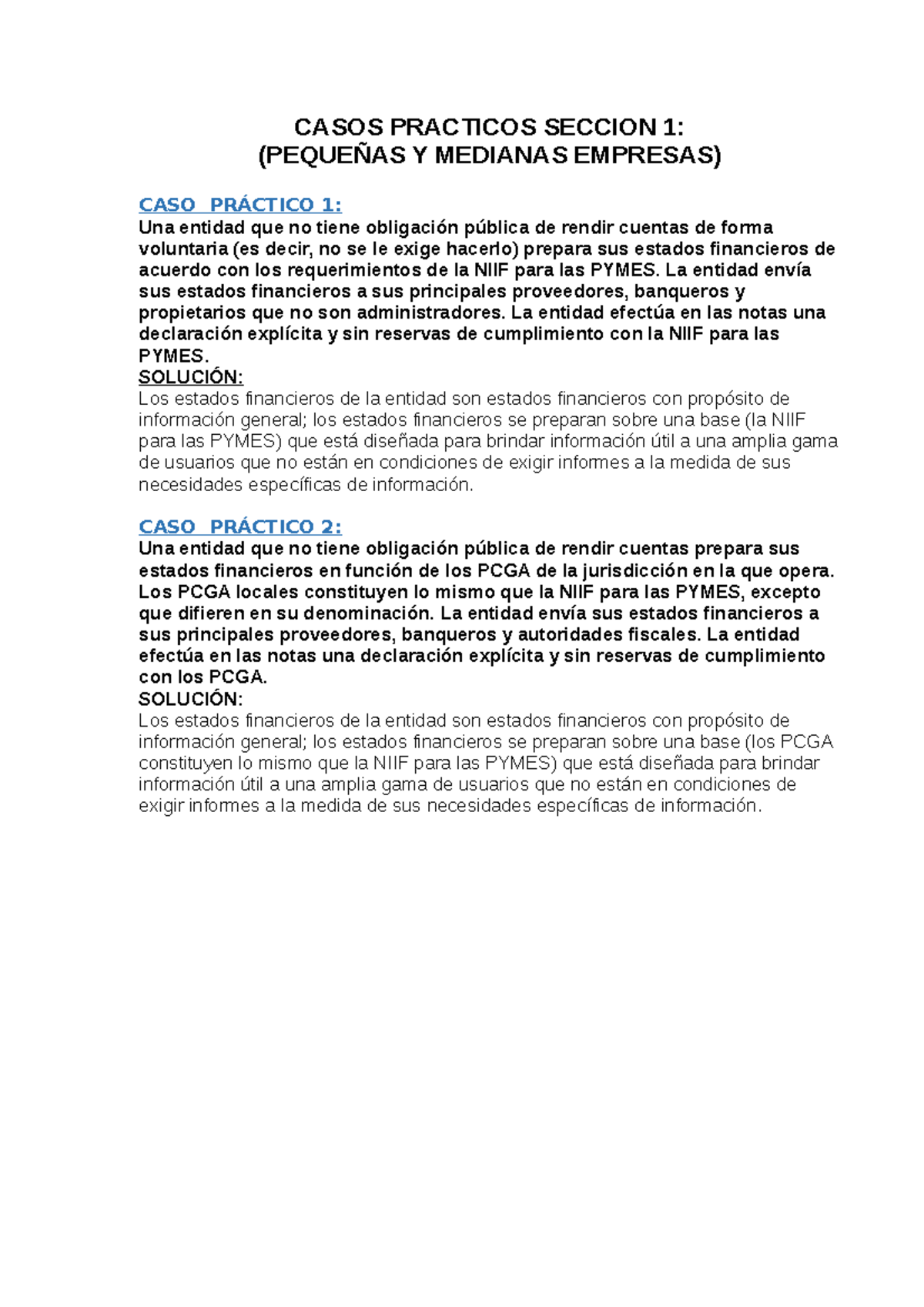 Casos Practicos Niif Para Pymes Casos Practicos Seccion Peque As Y Medianas Empresas Caso