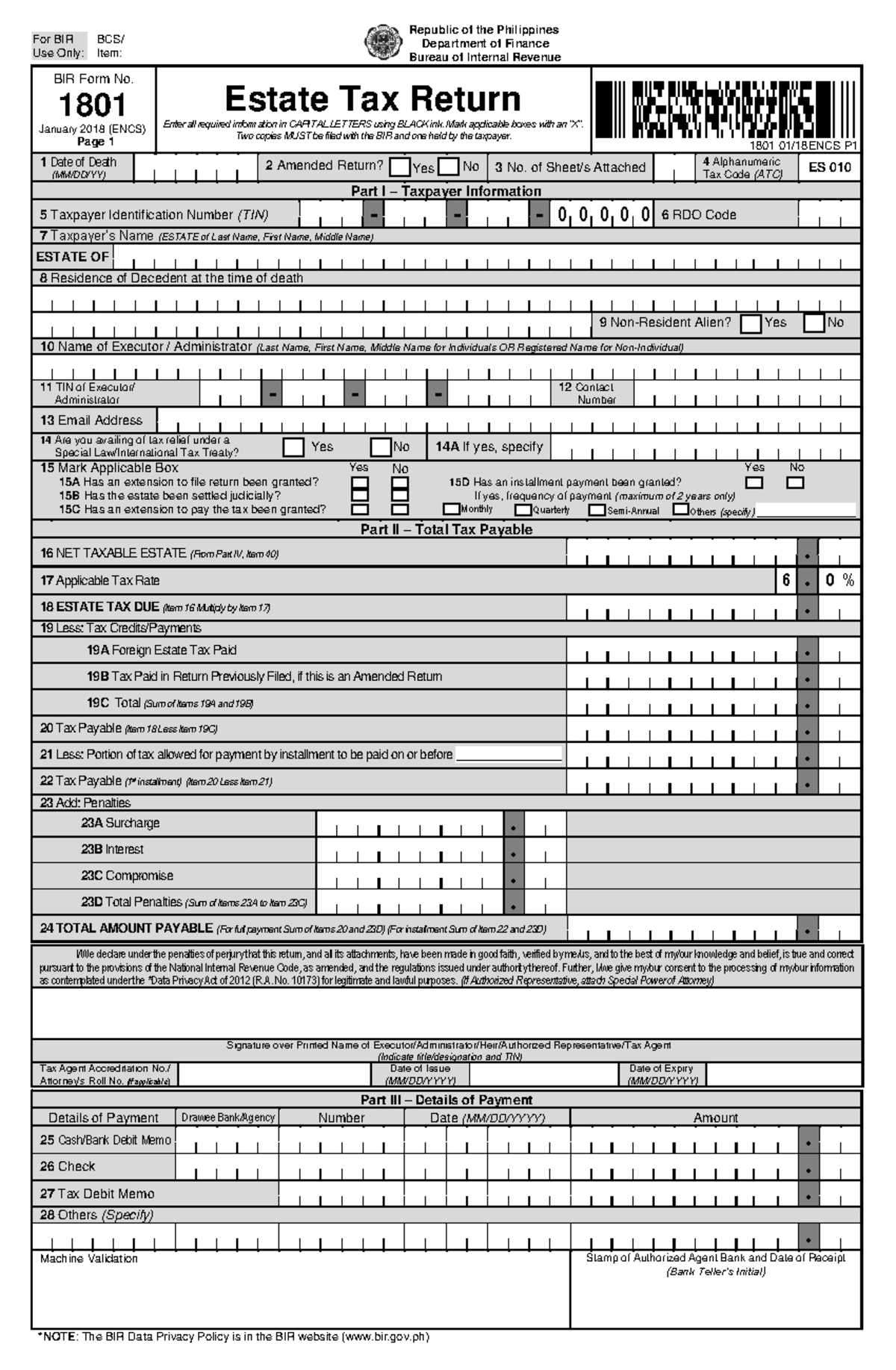 Estate Tax Return Form 1804 For BIR Use Only BCS Item BIR Form No 