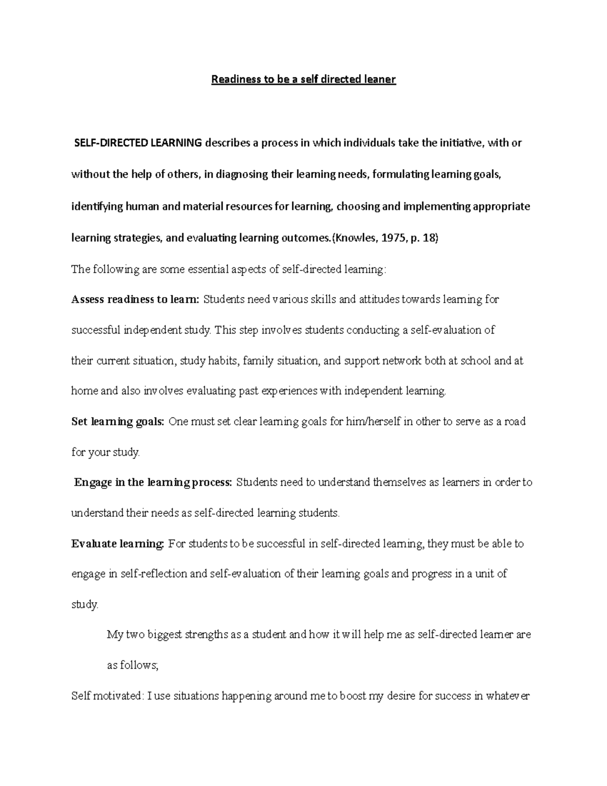Self directed learning - Readiness to be a self directed leaner SELF ...