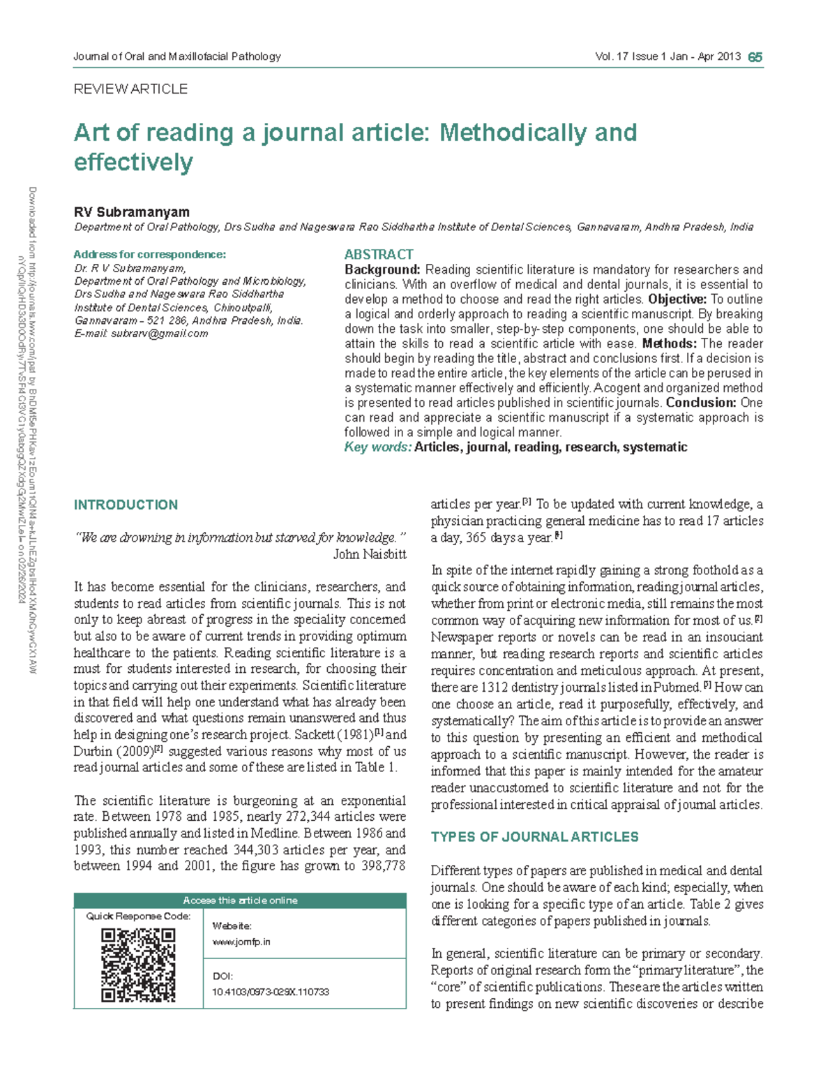 Art of reading a journal article methodically and - Journal of Oral and ...