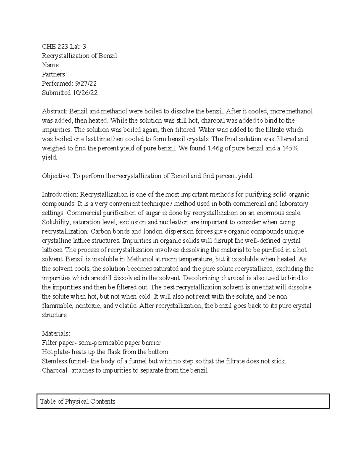 Recrystallization of Benzil Lab Reoprt - CHE 223 Lab 3 ...