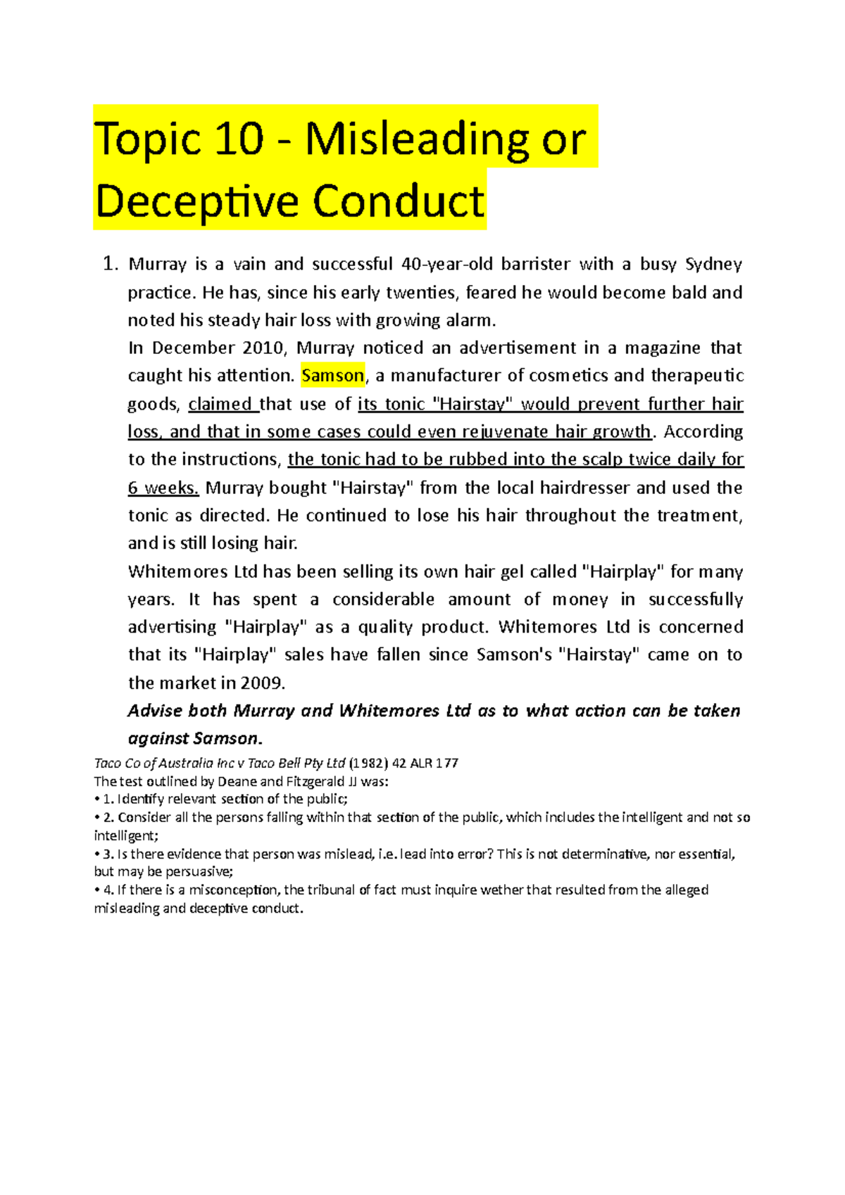 Topic 10 - Prepared Answer - Topic 10 - Misleading Or Deceptive Conduct ...